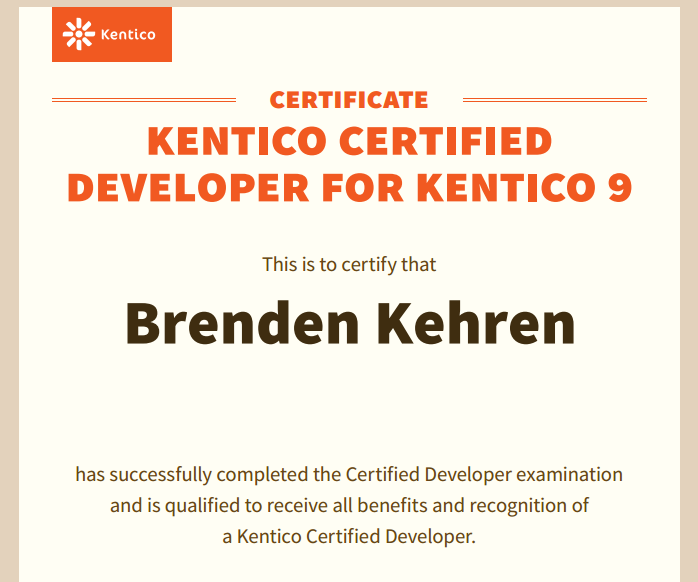 Kentico Certified Developer Brenden Kehren